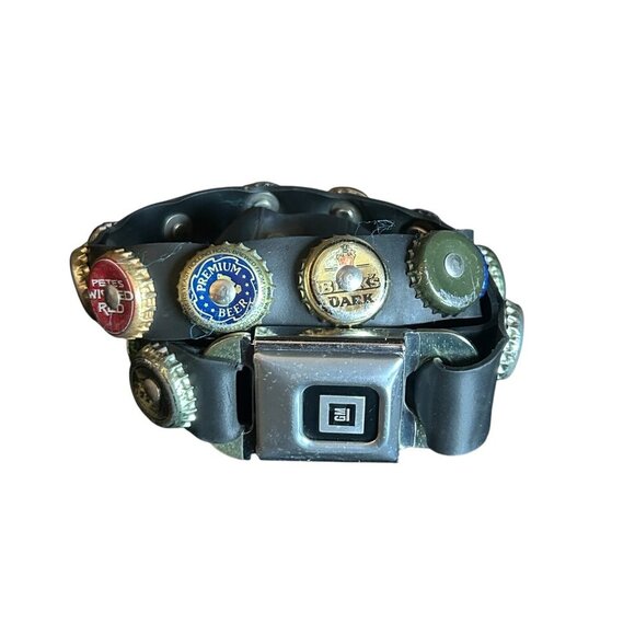 Vintage GM CAR SEATBELT BUCKLE Punk Rock Beer Bottle Cap Rubber Belt 32” Small - Picture 1 of 11